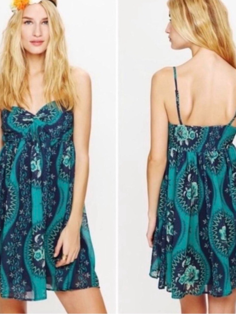 Free People Teal and Navy Paisley Spaghetti-Strap Mini Dress